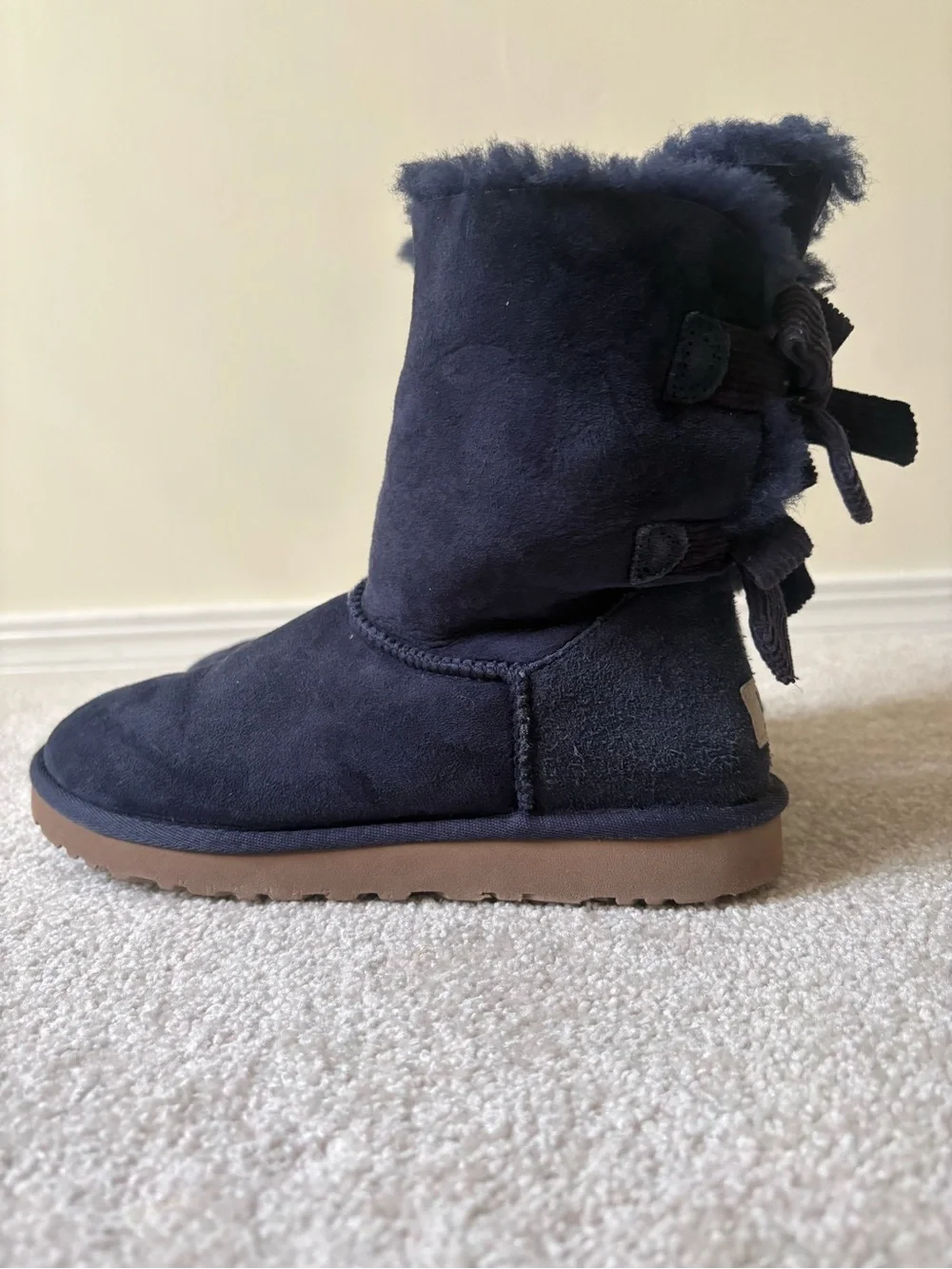 UGG Navy Suede Shearling Slippers with Back Bows